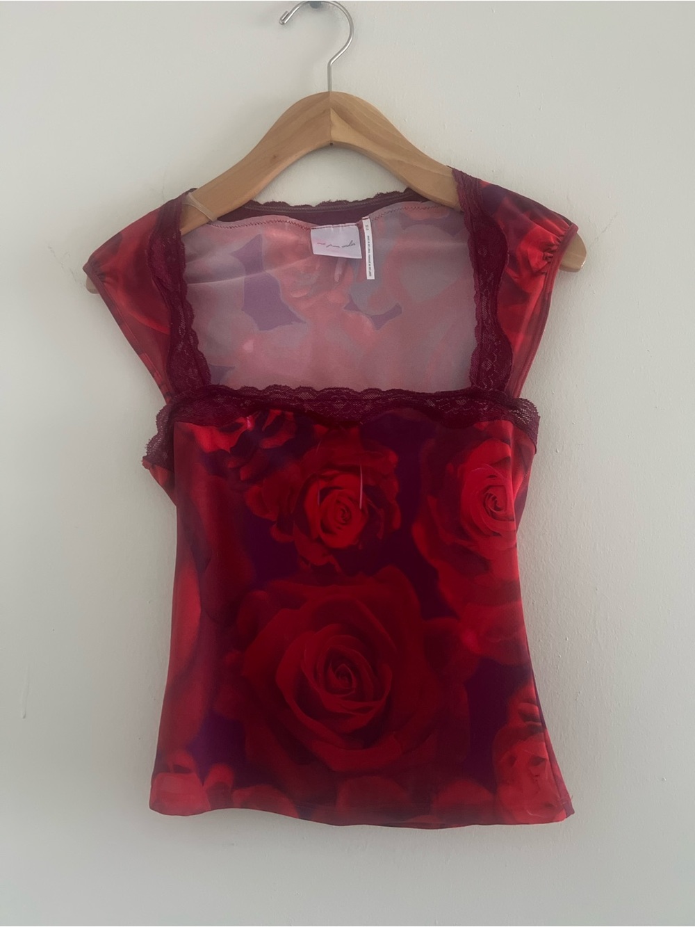 Out from Under Sheer Rose Cap Sleeve Lace Trim Square neck top XS